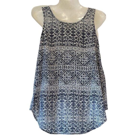 Cynthia Rowley Flowy Silk Tank Blouse Navy Blue Dusky Blue Geometric Floral  XS - Picture 4 of 9